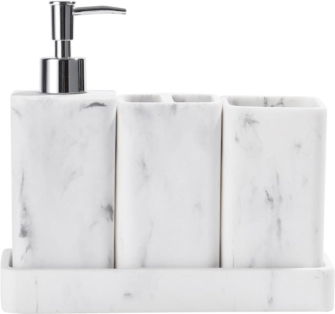 YMXYJM Bathroom Accessories Set, 4 Pcs Bathroom Accessory Set, Soap Dispenser, Toothbrush Holder, Qtip Holder Set, Bathroom Sets Complete, Bathroom Sink Set for Modern Home Decor, White