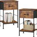 WLIVE Nightstand Set of 2, End Table with Fabric Storage Drawer and Open Wood Shelf, Bedside Furniture with Steel Frame, Side Table for Bedroom, Dorm, Rustic Brown Wood Grain Print, 25.03" Height