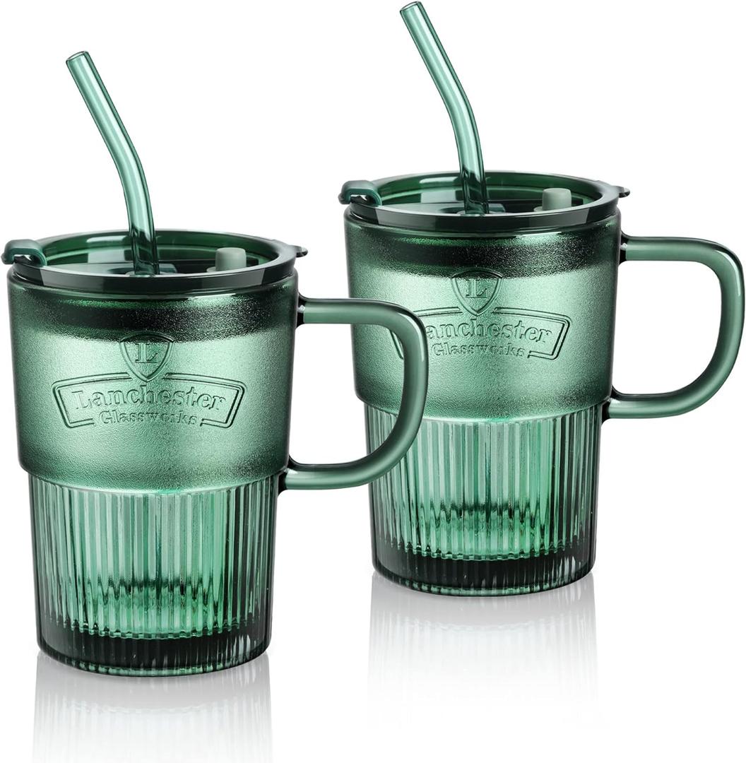 Joeyan Glass Coffee Cup Tumbler with Handle Lid and Straw, Smoothie Iced Coffee Tea Glasses Mug, Green Colored Drinking Jar for Water Juice Beverages Soda Milk, 15oz, Set of 2, Dishwasher Safe