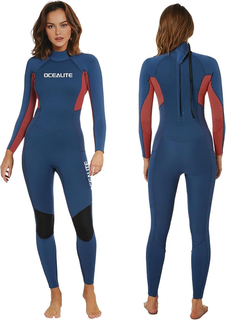 Women's Wetsuit 3mm Full Body Back Zip Neoprene Suit Surfing Diving Suit with Flatlock Stitching Inner Key Pocket for Snorkeling Paddleboarding Swimming (X-Large, Womens 3mm Navy Blue + Red)
