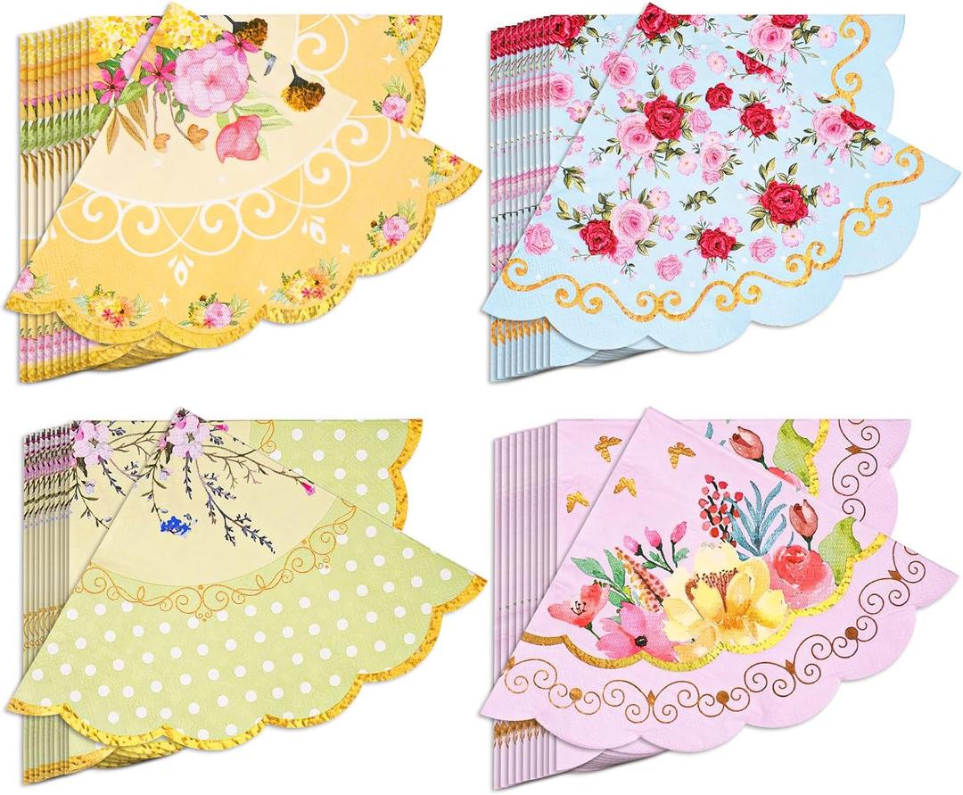Floral Tea Party Napkins, 100 pcs Scalloped Guest Paper Napkins for Wedding Bridal Shower Baby Shower Tea Party Decorations