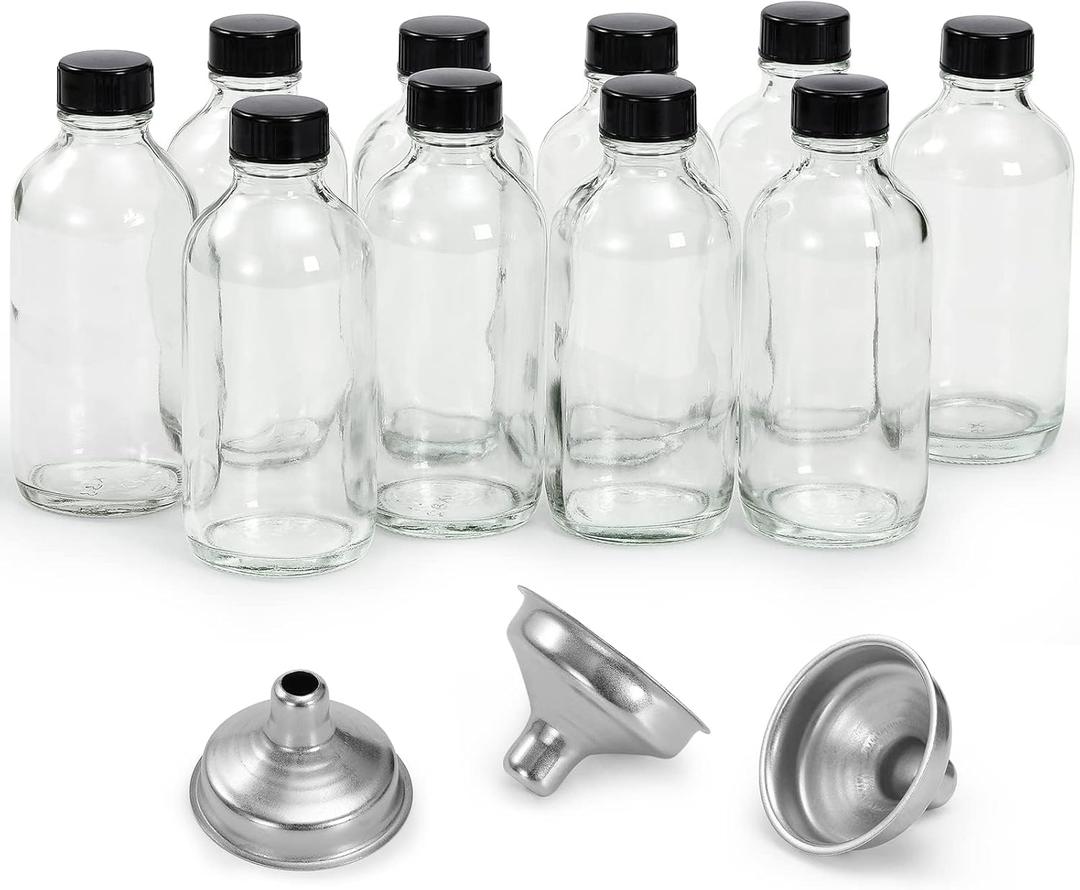 10 Pack, 4 Oz Small Clear Glass Bottles w/Lids & 3 Stainless Steel Funnel - 120ml Boston Round Sample Bottle for Potion, Juice, Ginger Shot, Wellness, Oils, Whiskey, Liquids - Leakproof Travel Bottle