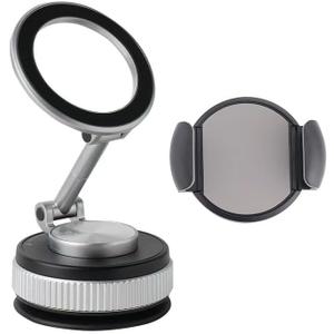 [Newly Upgraded] Metal Magnetic Car Phone Holder | Dual Insurance of Vacuum + Adhesive | 360 Rotation Without Dead Angle | Magnetic Ring Included(for iPhone & Android) (Gray+Clip)