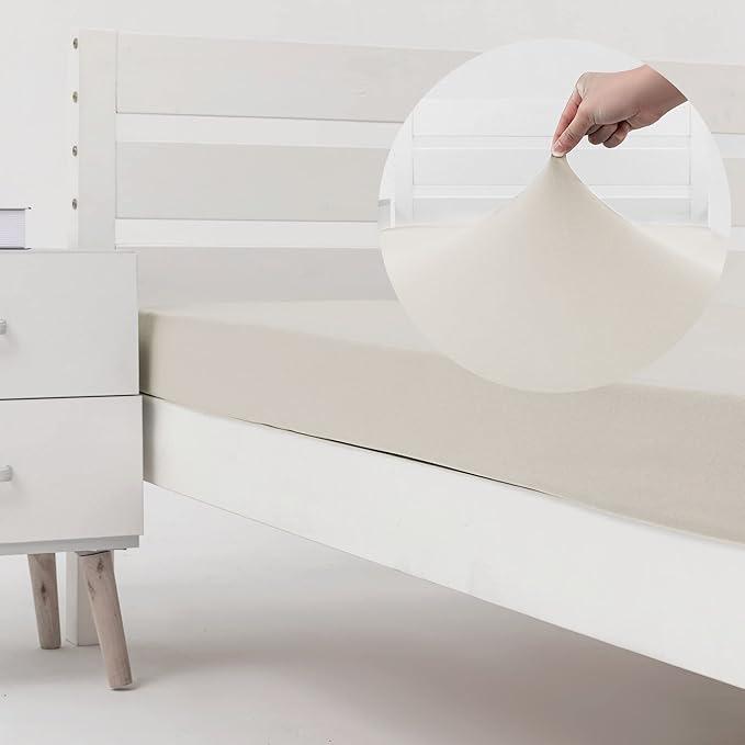 Cot Size Fitted Sheet Only - 4-Way Stretch Jersey Knit & Snug Fit for Bunk Beds, Camping, RV, Folding Beds, Boys & Girls, Wrinkle Free & No Slipping, Soft & Comfortable - Beige, Bunk/Cot Twin