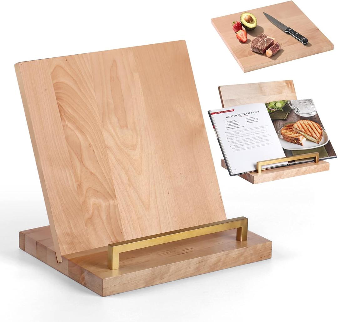 Cookbook Stand with Removable Cutting Board  Adjustable Recipe Book Holder, Charcuterie Board & Kitchen Serving Tray, Kitchen Counte Decor (Gold)