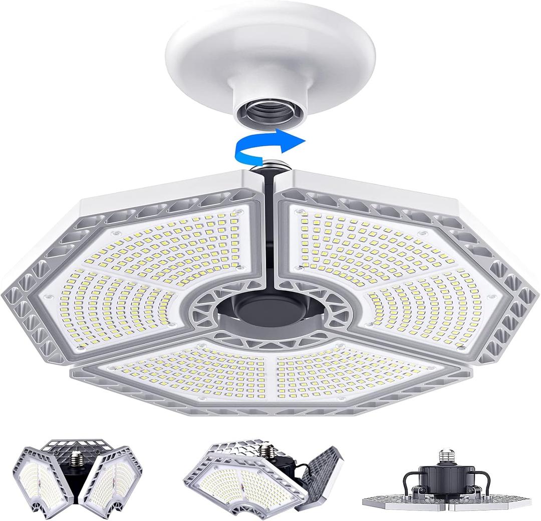 KERNOWO LED Garage Lights, 140W 18500 Lumens Garage Lighting, 6000K Daylight with Deformable Three Panel Ceiling Light Fixture E26/E27 Triple Glow LED Shop Light for Basement Workshop Warehouse (Silver)
