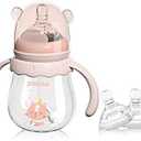 POTATO Glass Baby Bottles, Anti-Colic Breastfeeding Bottles with Medium Flow Nipple, Suitable for Babies 3-6 Months, 2 Replaceable Nipples, 6 oz, Pink