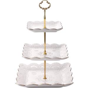 Sumerflos 3-Tier Square Porcelain Cake Stand, White Rimmed with Gold Embossed Cupcake Dessert Stand - Tiered Serving Tray for Tea Party and Show
