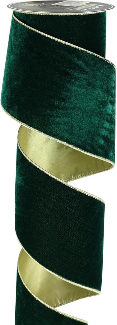 Green Wired Ribbon 4 Inch x 10 Yards Dark Green Velvet Ribbon with Gold Backside, Green and Gold Christmas Ribbon for Tree Decorations, Large Bow Ties, Garlands and Wreaths, Crafts