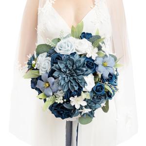 Ling's Moment Navy Blue Bridal Bouquet for Bride, Blue Wedding Bouquets for Bride, 13 Inch Silk Round Artificial Wedding Flowers Bouquets