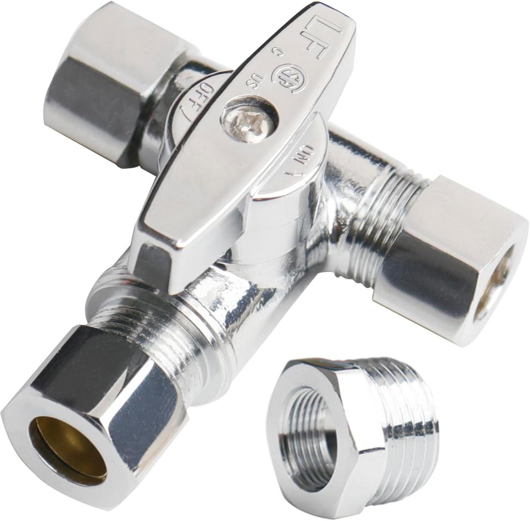 WHK Angle Stop Add-A-Tee Valve 3/8x3/8x3/8 or 1/2" Compression Tee Fittings Water Line Splitter 3 Way T Valve for Toilet Bidet,Sink Dishwasher(Lead-Free Brass)