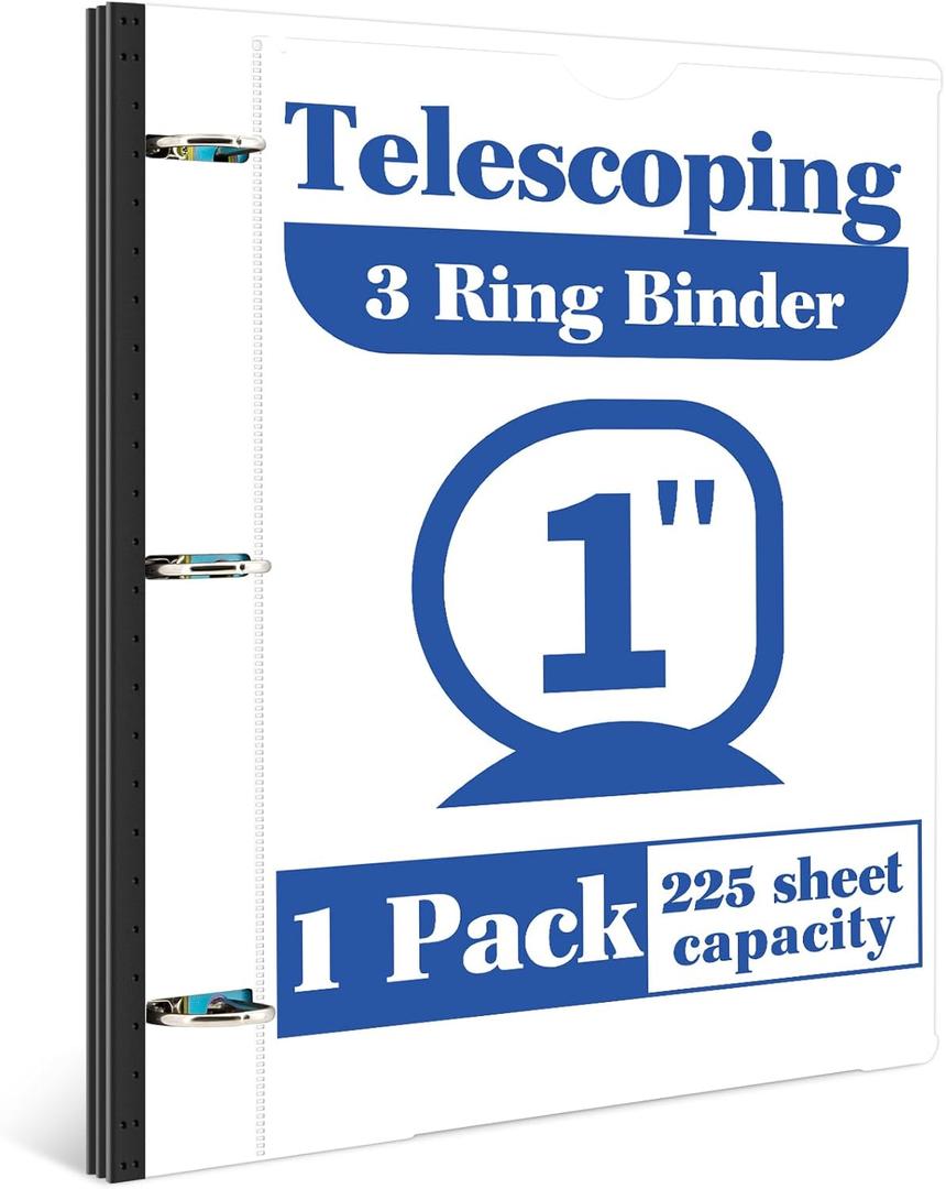 INFUN 1 Inch Telescoping 3 Ring Binder - 1PCS-WhiteFlexible Binders with Customizable Front Cover and Clear Catalog Pocket, 1Inch Rings, 225 Sheet Capacity