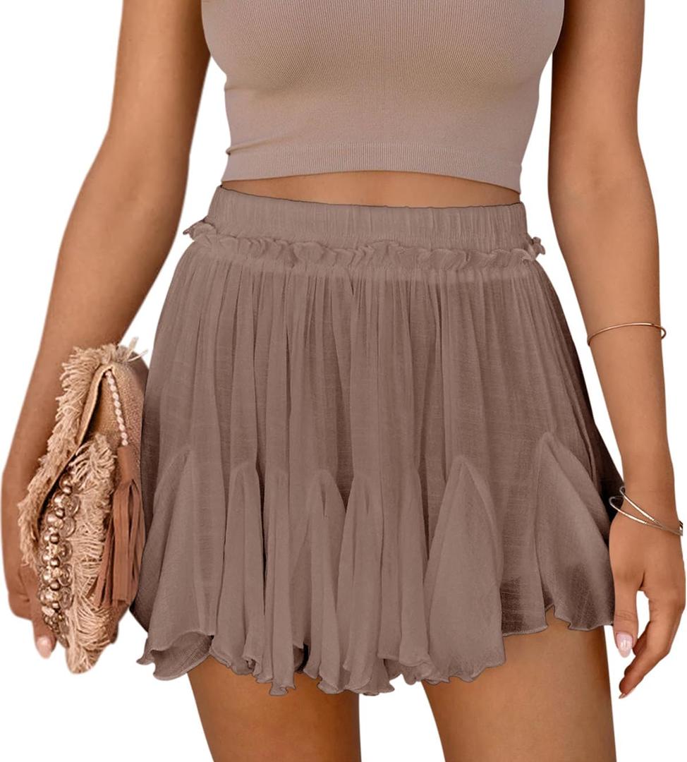 Women's Flowy Shorts Casual Linen Boho Ruffle Mini Skirts Pleated High Waist Cute Butterfly Skorts with Pockets Summer Trendy-Camel XL