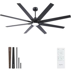 Newday 72 inch Large Ceiling Fans with Lights and Remote, Indoor/Outdoor Black Ceiling Fan for Living Room Patio, 6 Speeds Slient Reversible DC Motor, 3CCT, Timer, 3 Downrods, 8 Blades