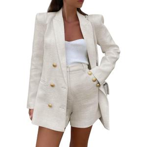 Cicy Bell Womens 2 Piece Tweed Blazer Shorts Sets Long Sleeve Double Breasted Suit Jackets Business Outfit (XX-Large, Beige)