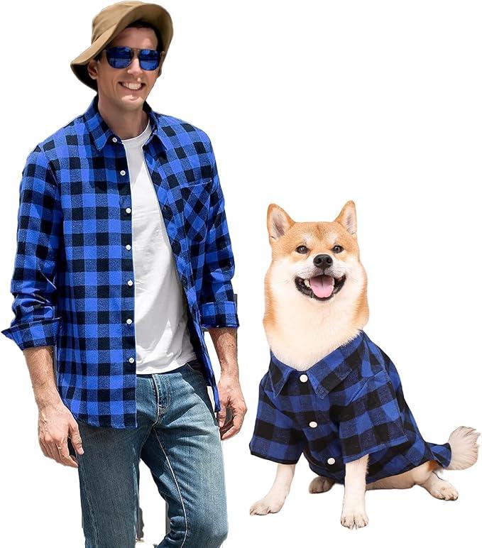 Dog Shirts Plaid Dog Clothes for Small Medium Large Dogs - Owner and Pet Shirts Sold Separately (L-(13.1-18lb)-Chest~21.65" for Pets, Blue&Black Only for Pets)