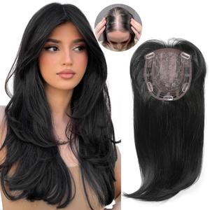 HOOJIH Hair Topper, Long Layered Topper with Bangs for Women with Thinning Hair 18 Inch Slightly Curled Ends Wiglets Synthetic Fiber Pieces for Women - Black