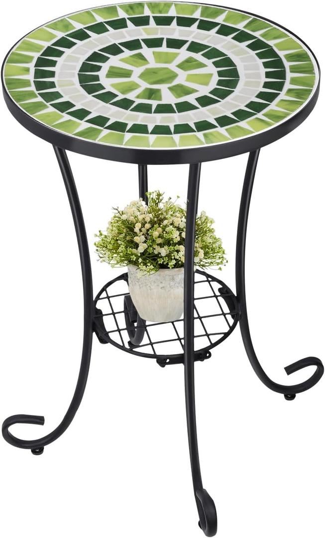 VCUTEKA Outdoor Side Table Mosaic Patio Table Accent Tables Mosaic Tile Top Metal Frame Small End Tables Porch Beach Patio Garden Balcony Grass Green