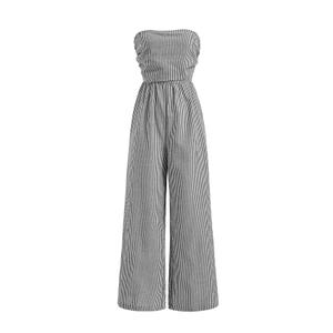 winkbay Women's Summer Striped Ruched Tube Top Romper Strapless Wide Leg Going Out Jumpsuits Grey Large