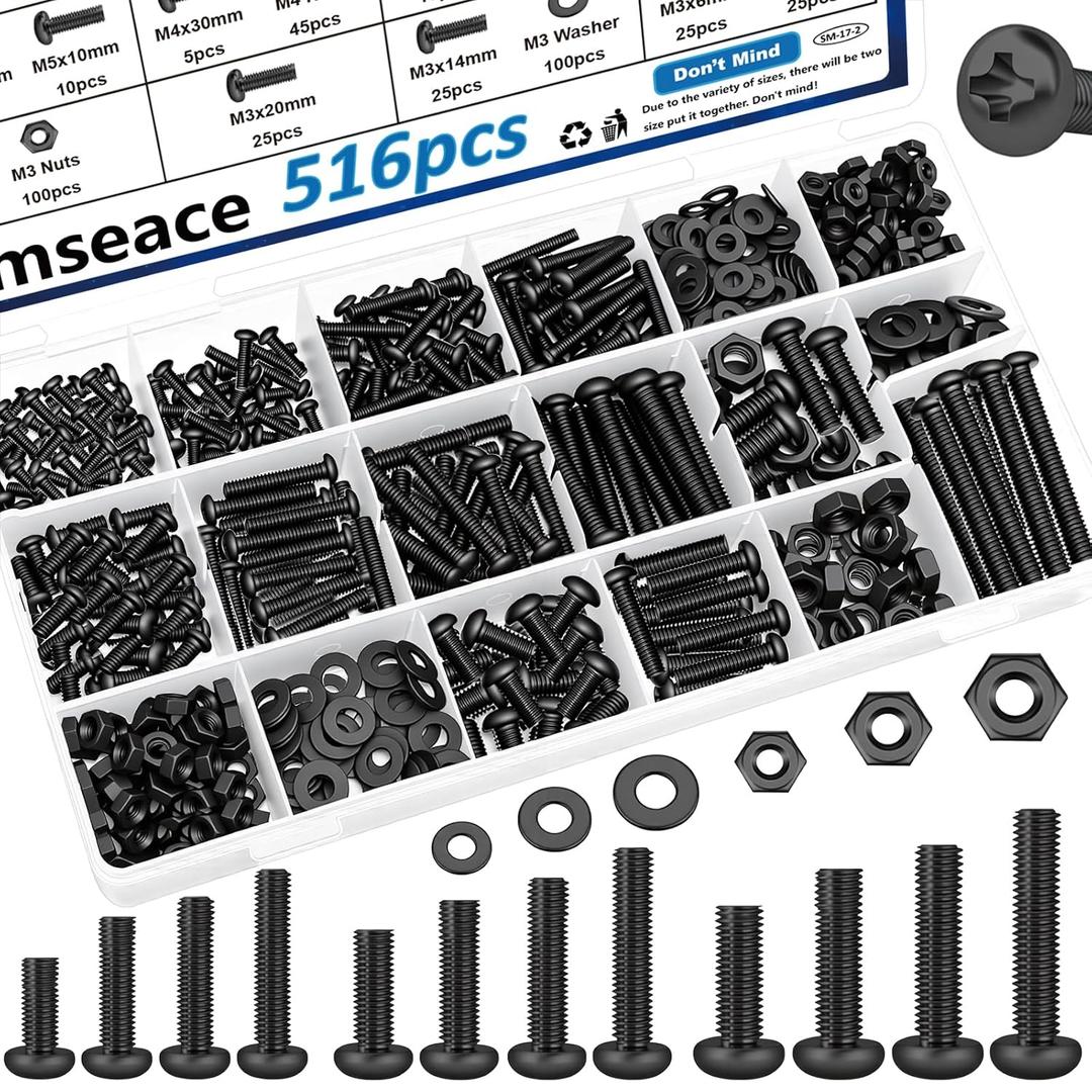 smseace 516Pcs Black Nuts and Bolts Assortment Kit 21-Sizes M3/M4/M5/M6 Nut Bolt Washer Assortment Kit for Machinery, Furniture, Automotive, Motorcycle Repairs