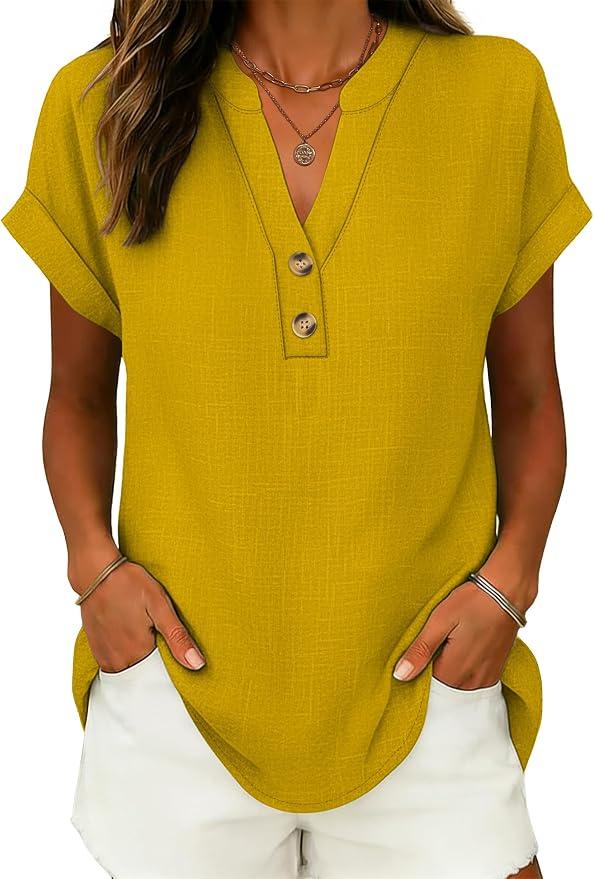 ANRABESS Womens Spring Tops 2026 Short Sleeve Shirts Henley Dressy Casual Blouses V Neck Fashion Tunics Trendy Flowy Clothing Yellow M