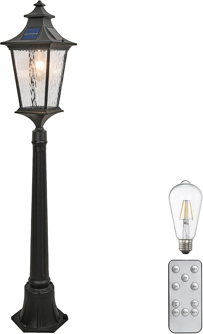 47.3 Inch Black Solar Lamp Posts Outdoor Waterproof Aluminum Solar Pole Lights with Water Ripple Glass Dusk to Dawn Outdoor Post Lights Hard Wired Include Remote Control and LED Bulb