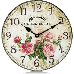 Lafocuse 12 Inch Silent Rose Floral Wall Clocks Battery Operated, Farmhouse Wall Clock for Bedroom Living Room Decor