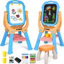 Toddler & Kids Art Easel with Stool & Supplies - Double-Sided Rotating Drawing Board for Ages 3-5, Foldable Anti-Tip Design - Space-Saving Home/Classroom Easel for Kids (Orange/Blue)