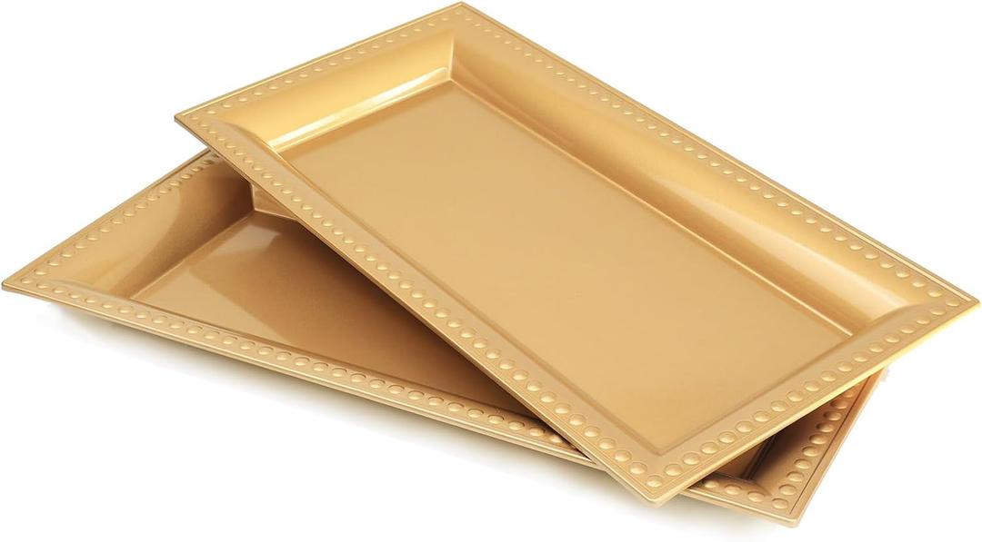 2 Pack Gold Bathroom Vanity Tray for Countertop with Beads, Small Plastic Toilet Tank Tray Versatile Storage Organization Tray for Makeup, Perfume, Desk, Kitchen, Candles, 14"x7"x1", 36G