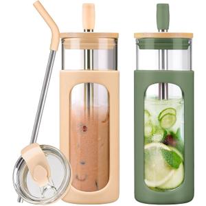 Kodrine 24oz Glass Tumbler with 2 Lids and Straws, Glass Cup With Bamboo Lid and On-the-go Lid, Reusable Iced Coffee Cup, Ideal for Smoothie, Cold Drinks, Fit Cup Holder, BPA Free (2, Amber+Olive)