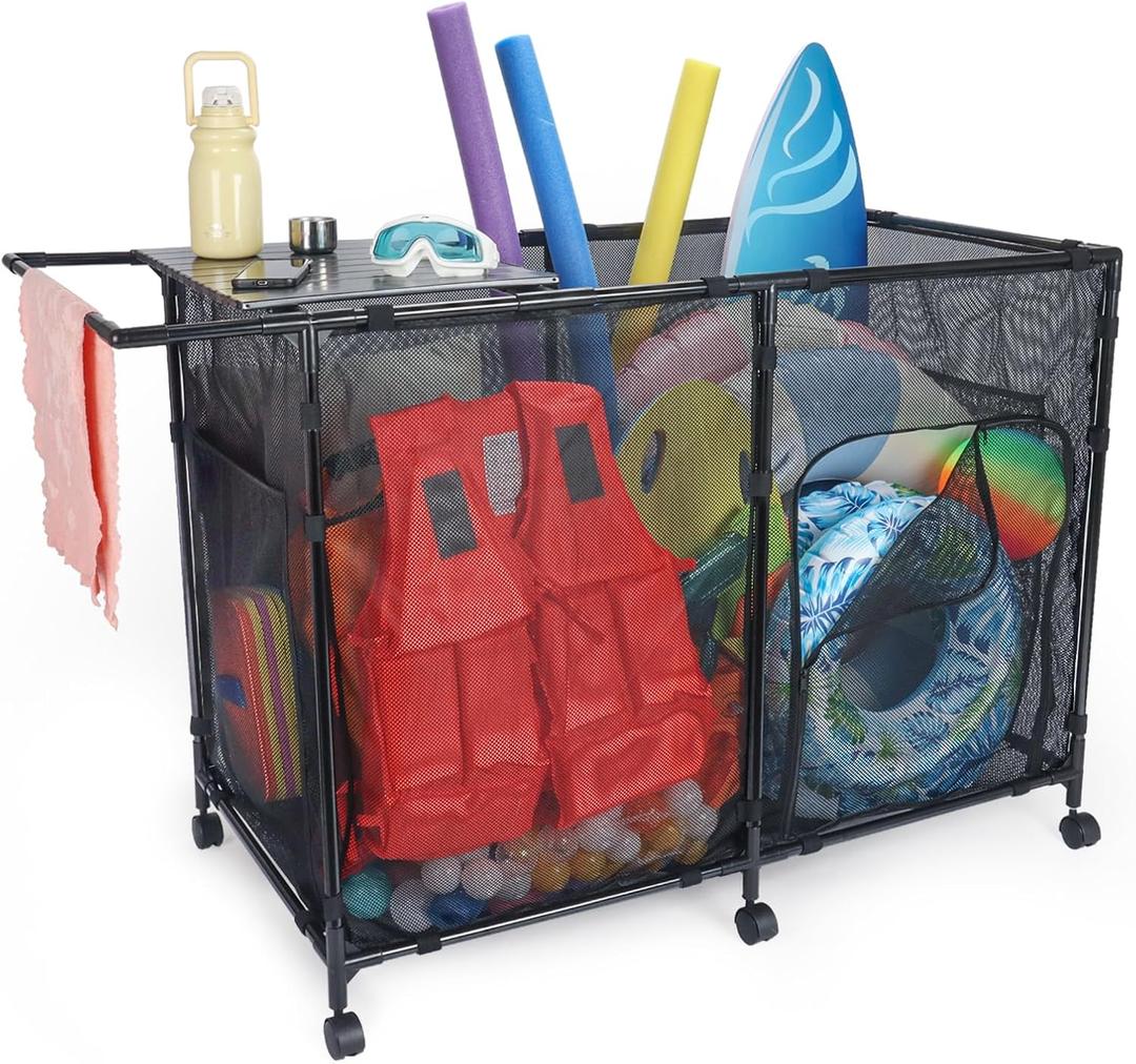 152Gal Pool Float Storage, Tabletop, Towel Bar, Zipper Doors, Lock Wheels