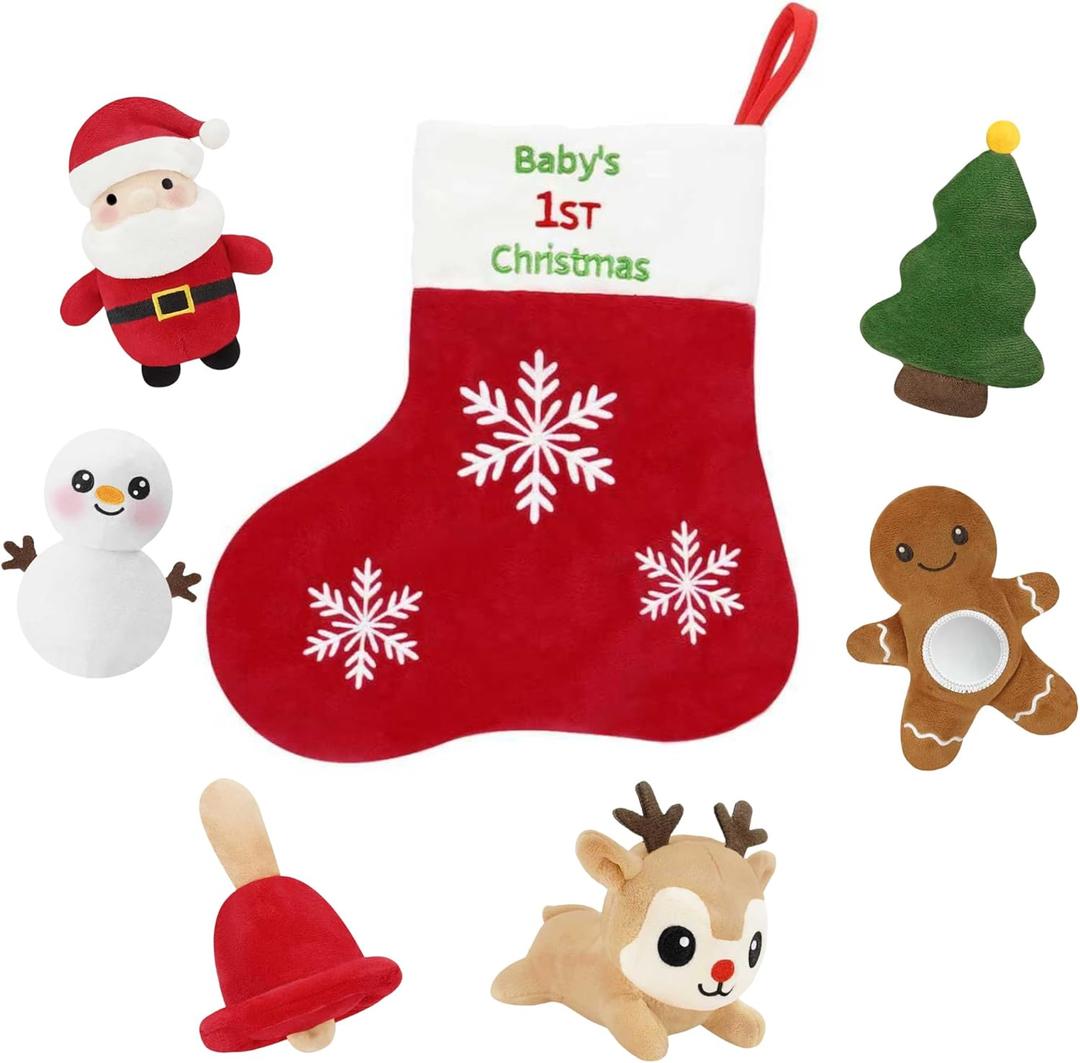 Finebee First Christmas Baby Toys,Sensory Plush with Gingerbread Man Rattles Santa Claus Crinkle Toys for Baby, for Kids Girls Boys, Infant Stocking Stuffers