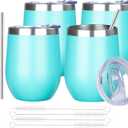 MEZMUT 12 Oz Insulated Wine Tumbler with Lid Double Wall Vacuum Stainless Steel Wine Glass Coffee Mug Insulated Tumbler Cup for Champaign, Cocktail, Beer (Teal, 4 Pack)