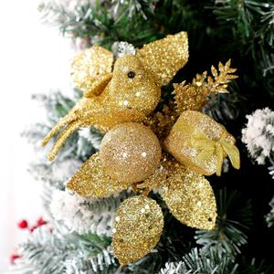 6pcs Christmas Gold Glitter Picks and Sprays for Tree Artificial Gold Flower Leaf with Gift Box Bird Ball Ornaments Branches Stems Decorations DIY Wreath Vase Table Centerpieces Home Decor