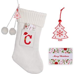Christmas Stocking 18 Inches Large Knit Christmas Stockings Monogram Initial Personalized Christmas Stockings for Family Xmas Home Decor White Red Green Tree Fireplace Ornaments White C
