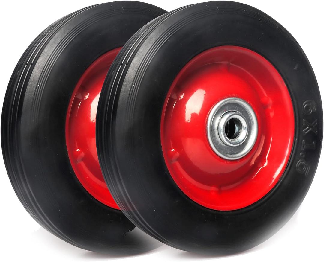 (2-Pack) AR-PRO 6 x 1.5 Flat Free Solid Rubber Wheel Assemblies - Replacement Hand Truck Wheels with Ball Bearings and 1/2 Bore Hole Diameter - Heavy-Duty Solid Rubber Wheels 132 lbs Load Capacity