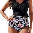 Blooming Jelly Women's Tummy Control Swimsuits Slimming Cute One Piece Bathing Suit Ruffle V Neck Swimwear (XX-Large, Black and Floral)
