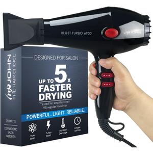 JOHN Professional Hair Blow Dryer, Fast Drying, Powerful 2200W, Ionic for No Damage to Hair, Blast Turbo 6900, Black