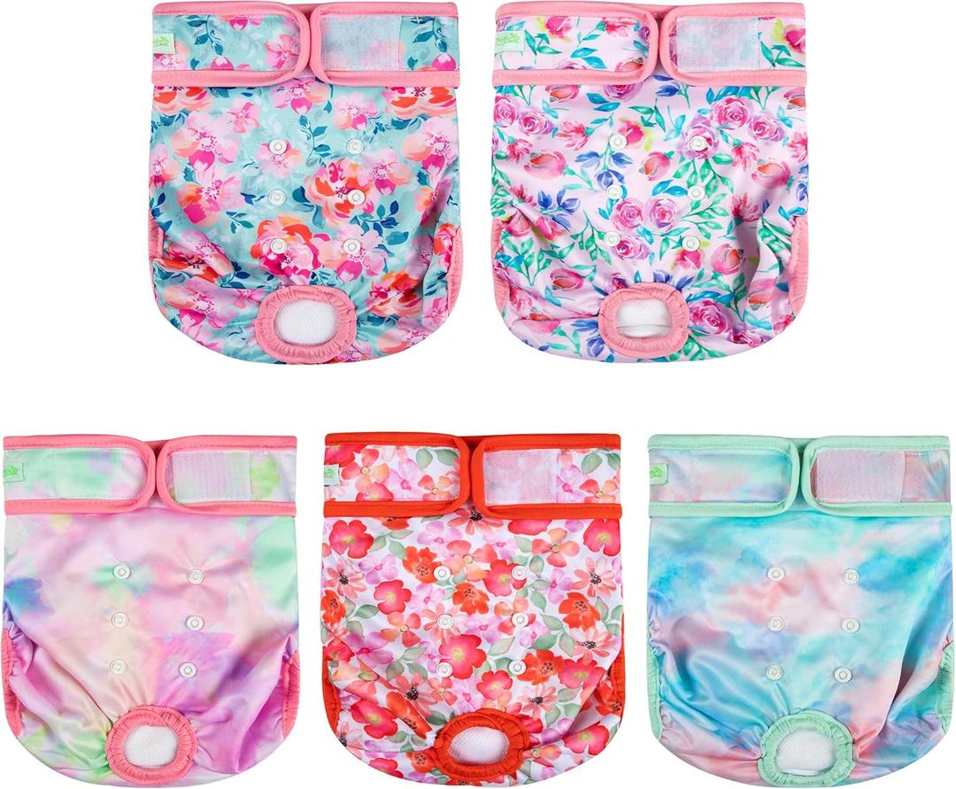 wegreeco Female Dog Diapers, Washable Reusable Pet Puppy Doggie Diapers for Small Medium Large Female Dogs in Heat Period, Doggy Period Panties Large, Blossoms (Large (Pack of 5))