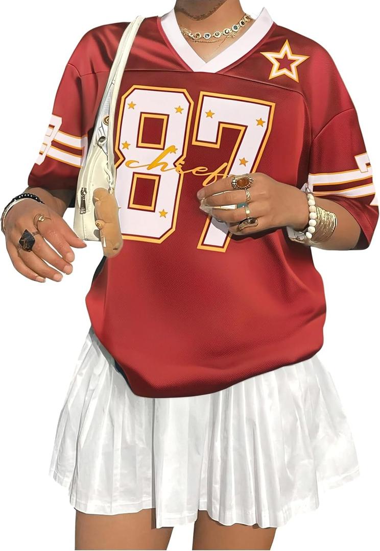 Oversized Jersey Shirts for Women Shirts Y2K Number Graphic Jerseys V Neck Cute Streetwear Tee Tops (Red, L)