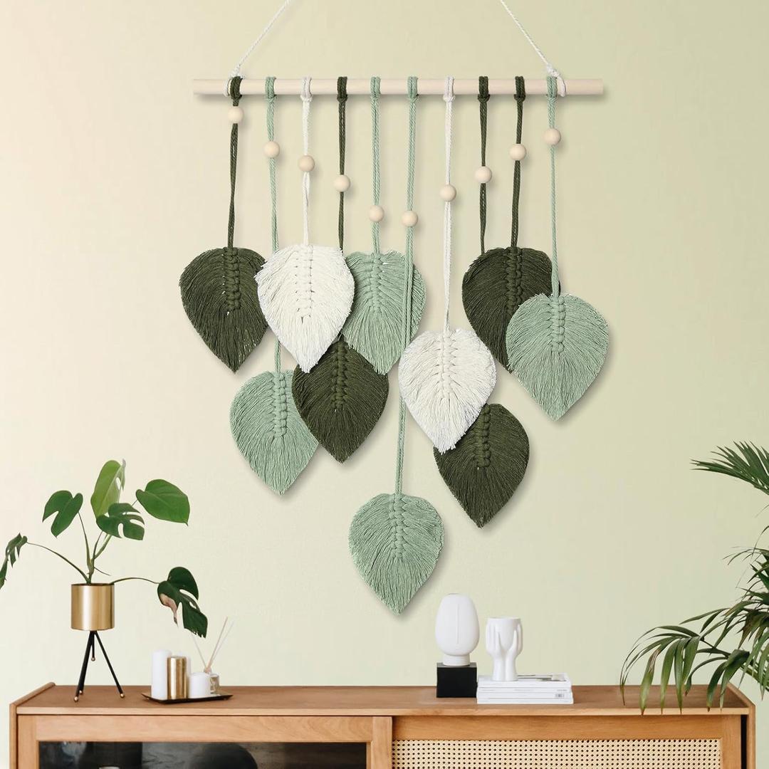 MIPON Macrame Wall Hanging Leaves Decor,Boho Handmade Woven Leaf Tassels Tapestry Gift Ideas for Nursery, Bedroom, Living Room, 15.7 X 28 Inch(Green)