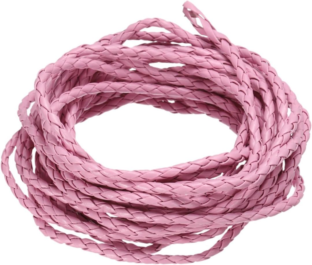 M METERXITY Round Braided Leather Cord, 5 Yards 4mm Four-Strand Faux Beading String Rope Bolo Tie 5 Meters Long for Jewelry Making/DIY Crafts, String Macrame Bracelet Thread [Pink]