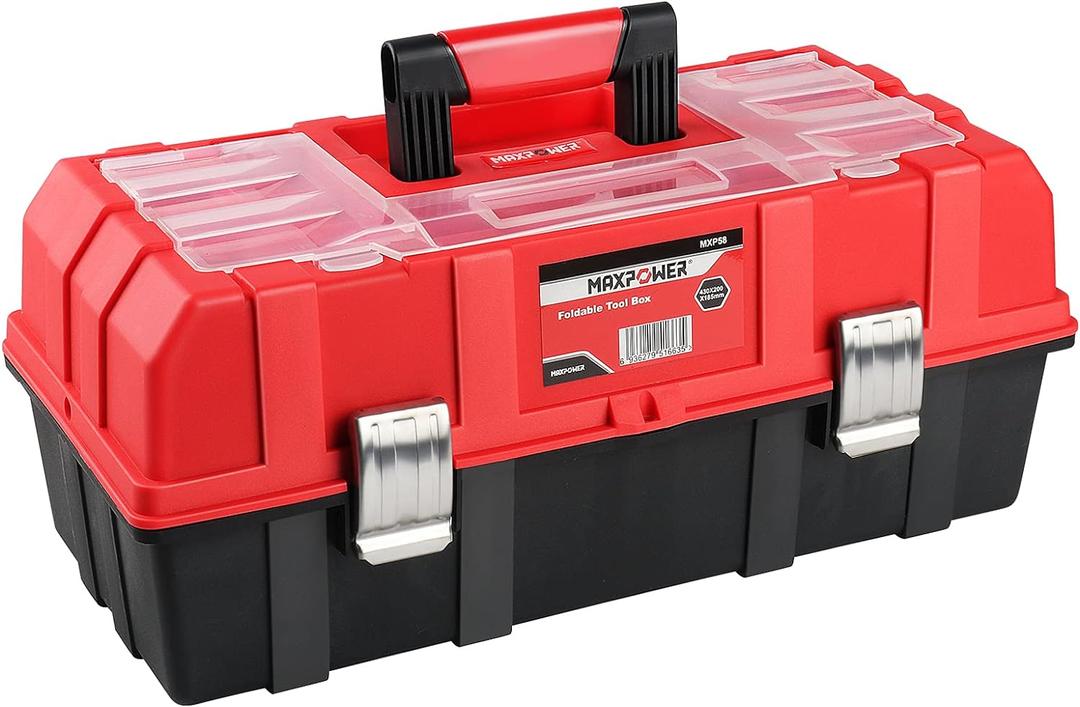MAXPOWER 16-Inch Tool Box, Three-Layer Folding Plastic Storage Toolbox, Multi-Function Organizer with Tray and Dividers, Tools Box with Stainless Steel Lock