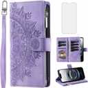 Phone Case for iPhone 16e/SE 2025/SE 4 Wallet Cover Screen Protector and Wrist Strap Mandala Flower Zipper Credit Card Holder Slot i Phone16e i16e 16 e SE4 4th Generation 16eCase Women Men, Purple