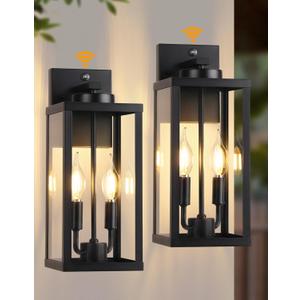 PARTPHONER Dusk to Dawn Outdoor Wall Sconce 2-Light, Transitional Wall Lantern Tall Wall Lamp, Waterproof Exterior Lighting Fixture with E12 Base Outside Lights for House Porch Garage, Black 2 Pack