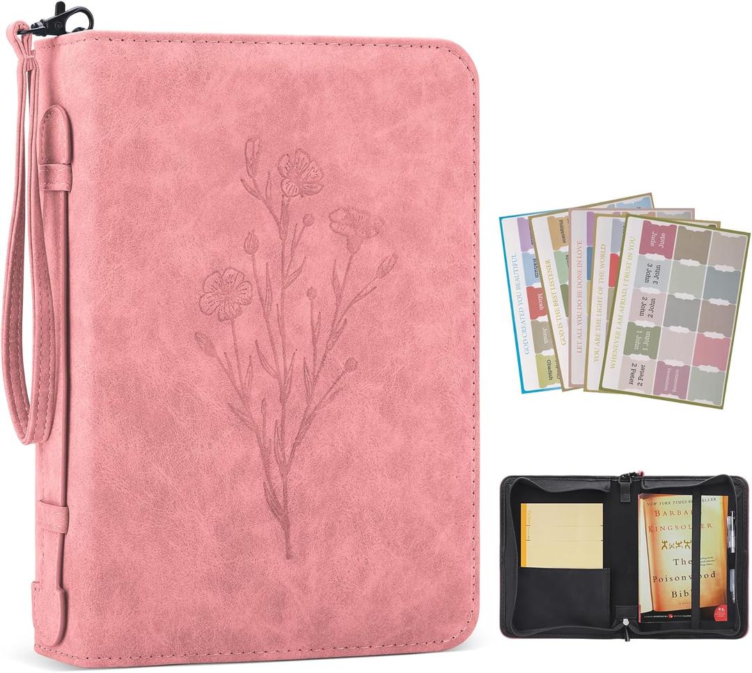 MOSLA PU Leather Bible Cover Case for Men Women - Large Waterproof Protective Case With Handle, Carrier Tote Bag With Christian Accessories Gifts (Pink 19#, M)