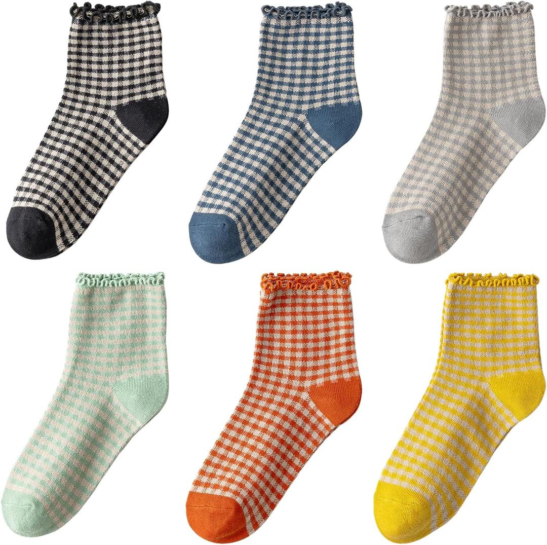 DarkCom Ruffle Socks Womens 6 Pairs Cute Ankle Lettuce Edge Frilly Crew Socks