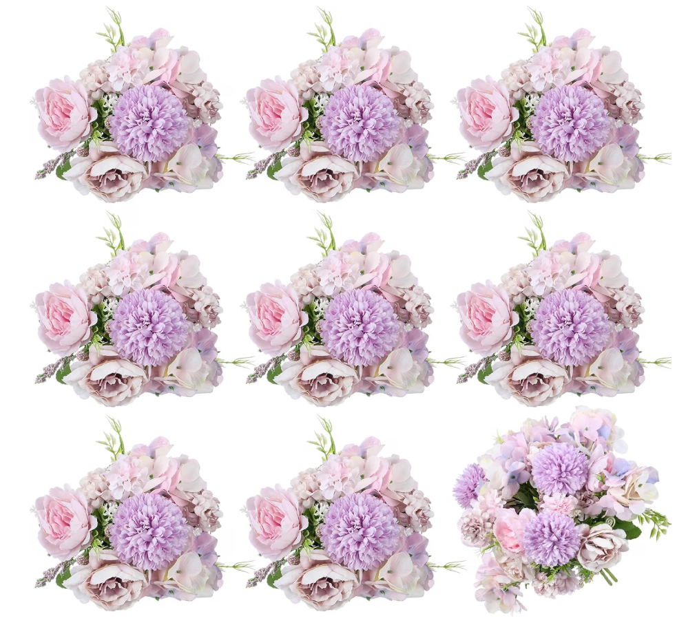 Lyrow Artificial Peony Hydrangea Flowers Bouquets Realistic Silk Fake Flowers for Wedding Table Centerpieces Home Farmhouse Decor Faux Floral Arrangement for Bridal Party DIY,Light Purple,8 Pcs