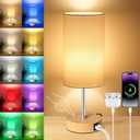 Unicozin Small Table Lamp, 3CCT & 7 RGB Color Changing, Dimmable Nightstand Lamp with Wood Grain Base, Touch Bedsides Lamp for Bedroom, Office, Kids Room, Nursery, Party, White Shade