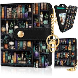 Bookshelf and Skull Goth Gothic Skeleton Rfid Women Wallet, Small Slim Thin Compact Travel Credit Card Wallet, PU Leather Bifold Cash Wallet, Zipper Coin Pocket ID Window, Female Ladies Gifts